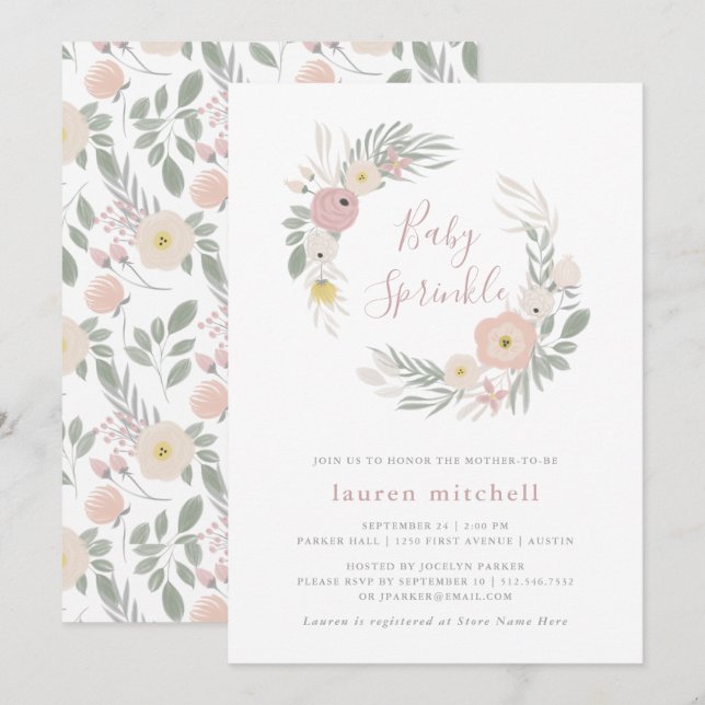 Pretty Pink Floral Wreath | Baby Sprinkle Invitation (Front/Back)
