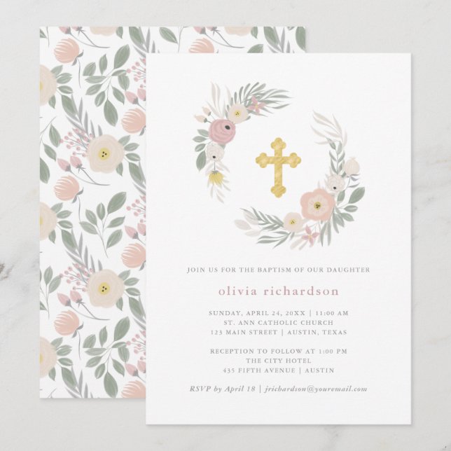 Pretty Pink Floral Wreath | Baptism Invitation (Front/Back)