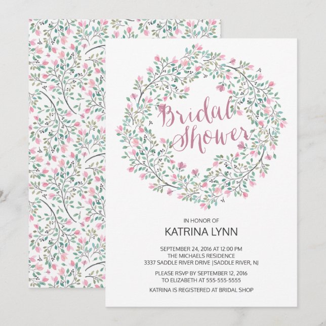 Pretty Pink Floral Wreath Bridal Shower Invitation (Front/Back)