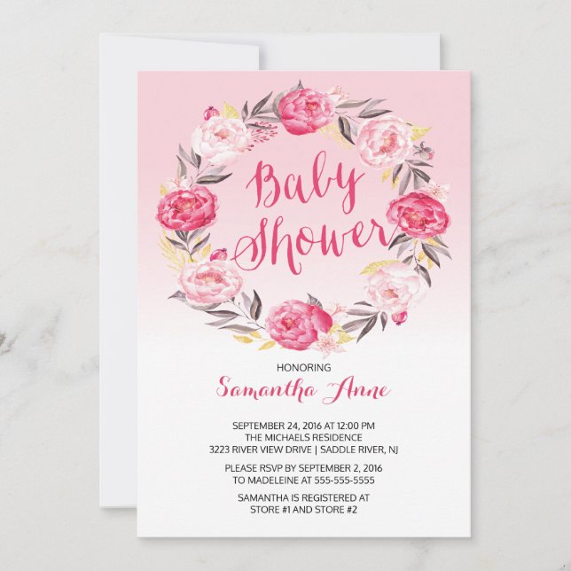 Pretty Pink Floral Wreath Girls Baby Shower Invitation (Front)