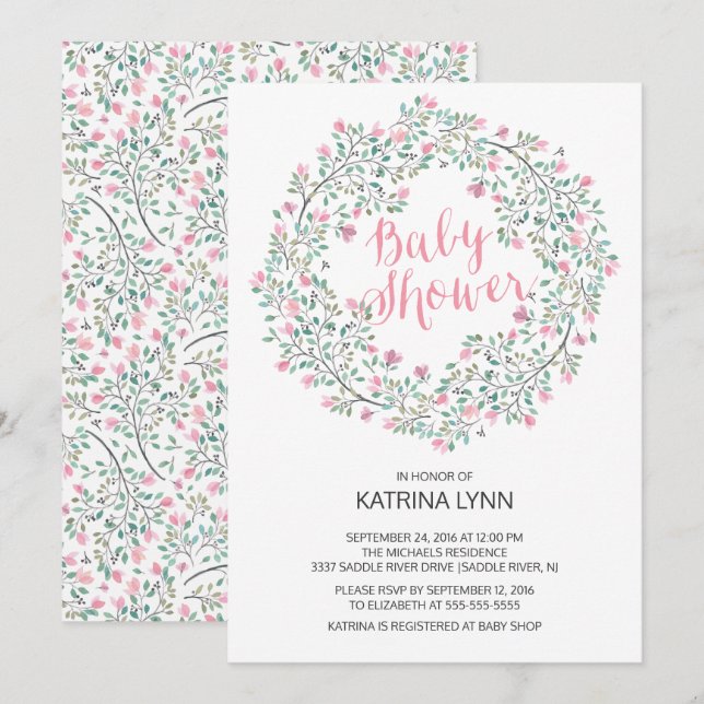 Pretty Pink Floral Wreath Girls Baby Shower Invitation (Front/Back)