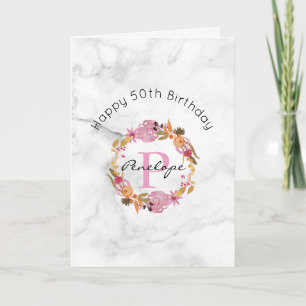 Pretty Pink Floral Wreath Monogram Birthday Card