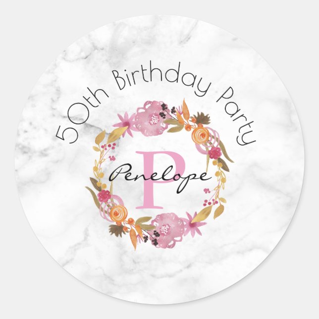 Pretty Pink Floral Wreath Monogram Birthday Classic Round Sticker (Front)