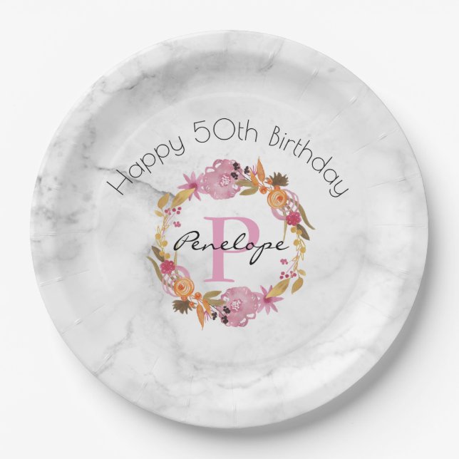 Pretty Pink Floral Wreath Monogram Birthday Paper Plate (Front)