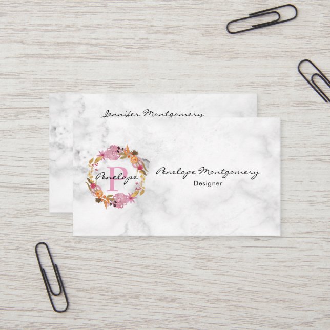 Pretty Pink Floral Wreath Monogram Business Card (Front/Back In Situ)