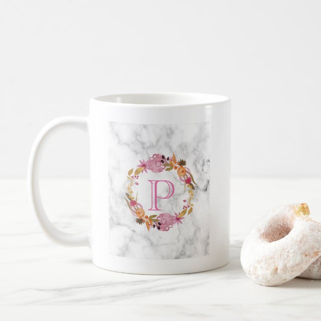 Pretty Pink Floral Wreath Monogram Coffee Mug (With Donut)