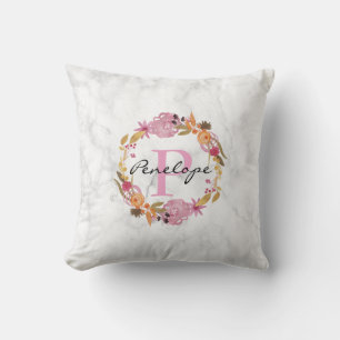 Pretty Pink Floral Wreath Monogram Cushion