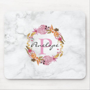 Pretty Pink Floral Wreath Monogram Mouse Mat