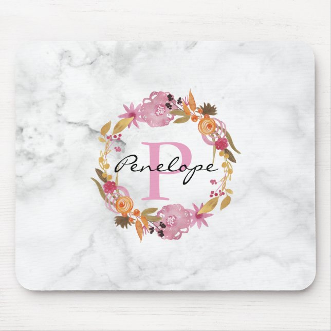 Pretty Pink Floral Wreath Monogram Mouse Mat (Front)
