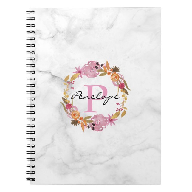 Pretty Pink Floral Wreath Monogram Notebook (Front)