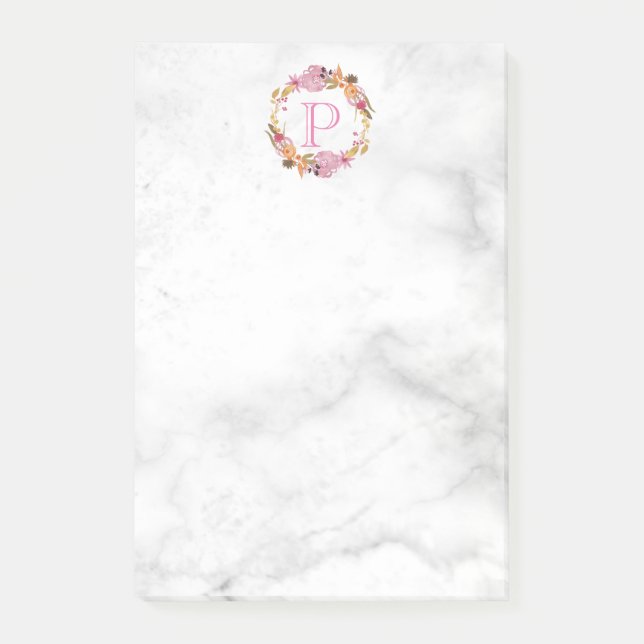 Pretty Pink Floral Wreath Monogram Post-it Notes (Front)