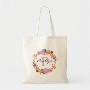Pretty Pink Floral Wreath Monogram Tote Bag