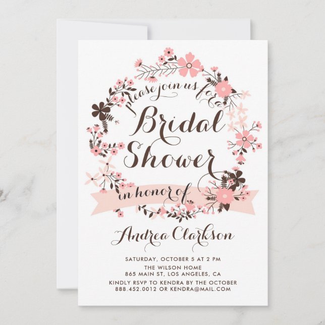 Pretty Pink Floral Wreath Spring Bridal Shower Invitation (Front)