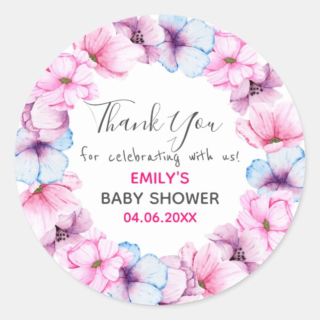 Pretty Pink Floral Wreath Thank You Baby Shower Classic Round Sticker (Front)