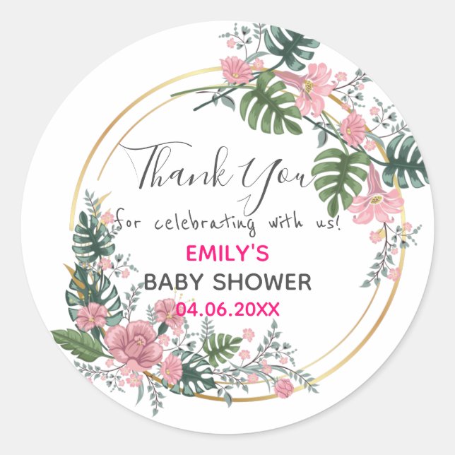 Pretty Pink Floral Wreath Thank You Baby Shower Classic Round Sticker (Front)