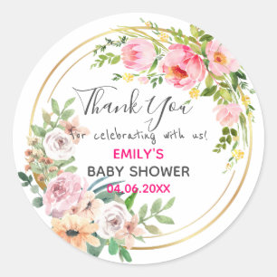 Pretty Pink Floral Wreath Thank You Baby Shower Classic Round Sticker
