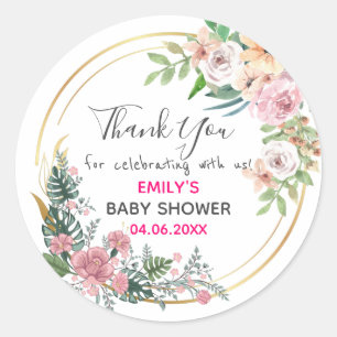Pretty Pink Floral Wreath Thank You Baby Shower Classic Round Sticker
