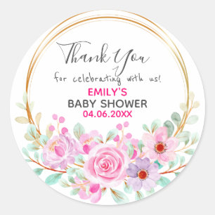 Pretty Pink Floral Wreath Thank You Baby Shower Classic Round Sticker