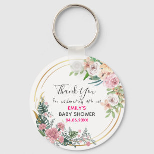 Pretty Pink Floral Wreath Thank You Baby Shower Key Ring