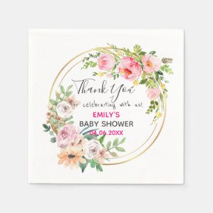 Pretty Pink Floral Wreath Thank You Baby Shower Napkin