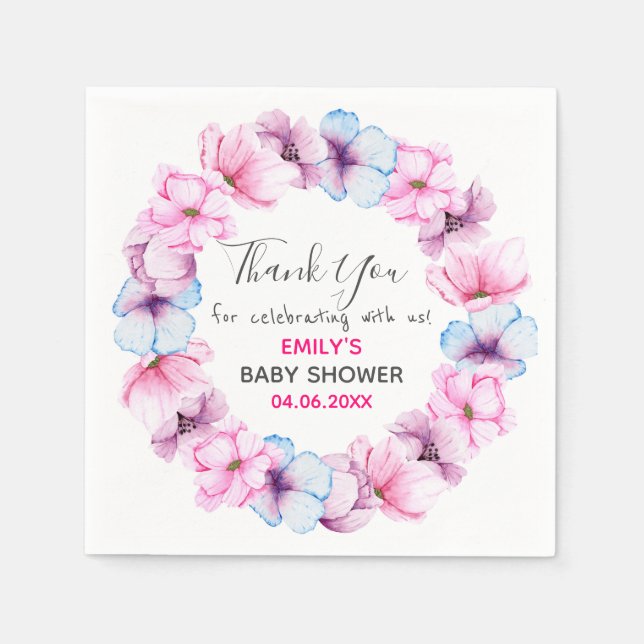 Pretty Pink Floral Wreath Thank You Baby Shower Napkin (Front)