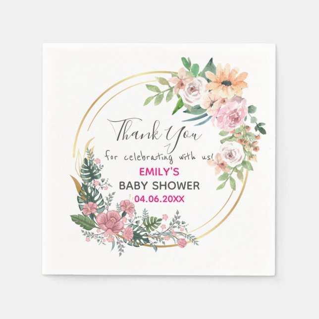 Pretty Pink Floral Wreath Thank You Baby Shower Napkin (Front)