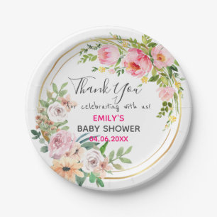 Pretty Pink Floral Wreath Thank You Baby Shower Paper Plate