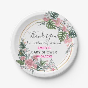 Pretty Pink Floral Wreath Thank You Baby Shower Paper Plate