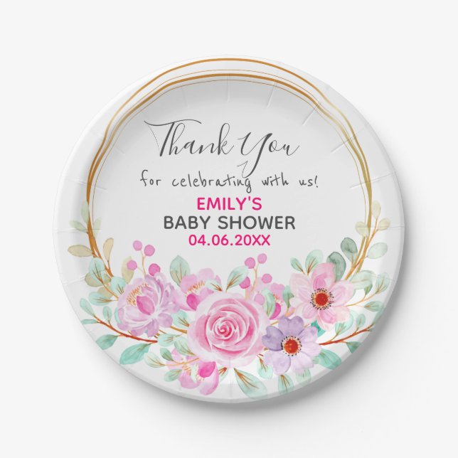 Pretty Pink Floral Wreath Thank You Baby Shower Paper Plate (Front)