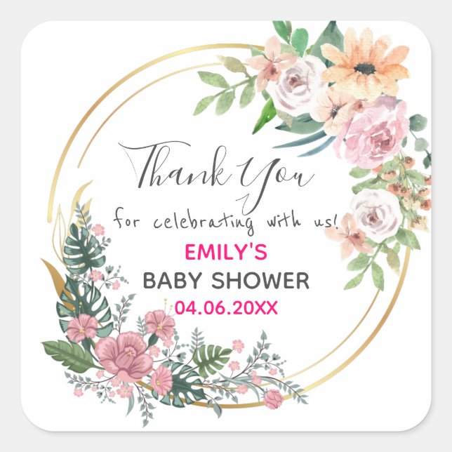 Pretty Pink Floral Wreath Thank You Baby Shower Square Sticker (Front)