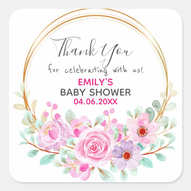 Pretty Pink Floral Wreath Thank You Baby Shower Square Sticker (Front)