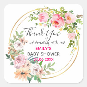 Pretty Pink Floral Wreath Thank You Baby Shower Square Sticker