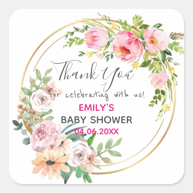 Pretty Pink Floral Wreath Thank You Baby Shower Square Sticker (Front)