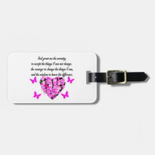 PRETTY PINK FLOWER AND BUTTERFLY SERENITY PRAYER LUGGAGE TAG