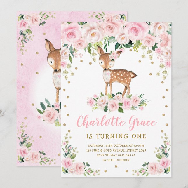 Pretty Pink Flower Deer Girl 1st Birthday Party Invitation (Front/Back)