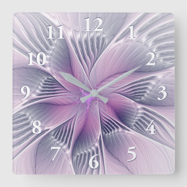 Pretty Pink Flower Modern Abstract Fractal Art Square Wall Clock (Front)