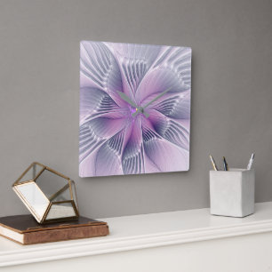 Pretty Pink Flower Modern Abstract Fractal Art Square Wall Clock