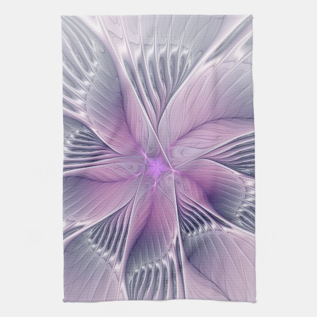 Pretty Pink Flower Modern Abstract Fractal Art Tea Towel (Vertical)