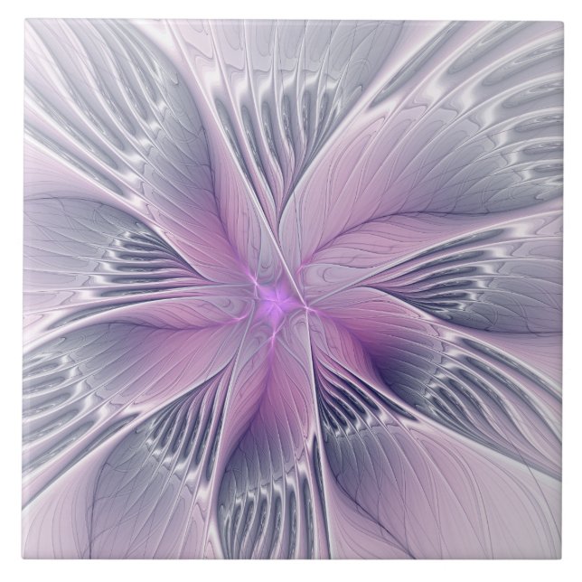 Pretty Pink Flower Modern Abstract Fractal Art Tile (Front)