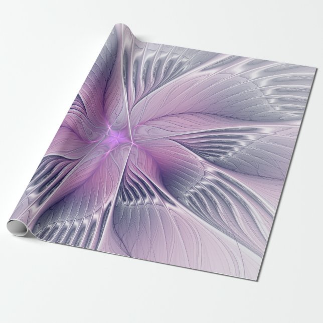 Pretty Pink Flower Modern Abstract Fractal Art Wrapping Paper (Unrolled)