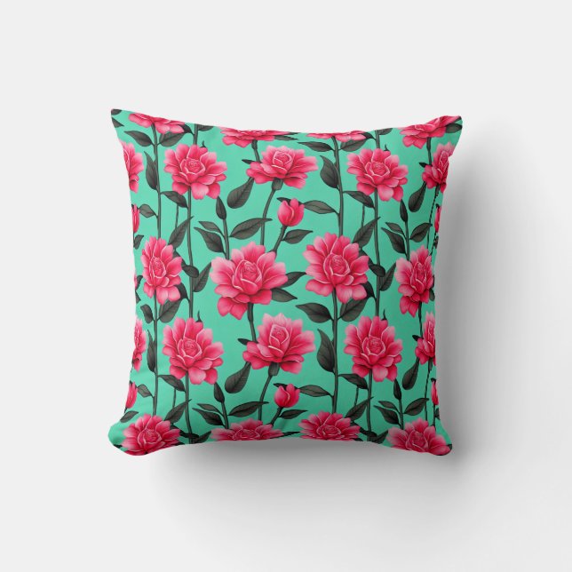Pretty Pink Flower Pattern With Stems and Leaves Cushion (Front)