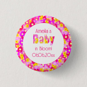 Pretty Pink Flower Personalised Baby Shower 3 Cm Round Badge