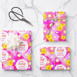 Pretty Pink Flower Personalised Baby Shower Wrapping Paper Sheet