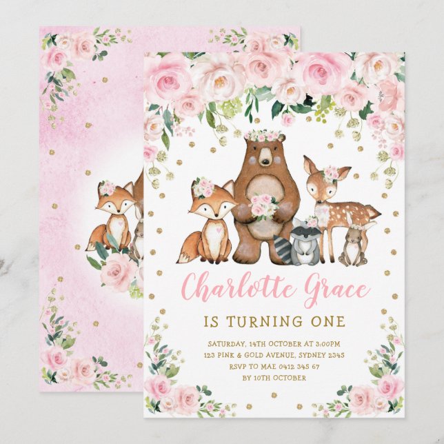 Pretty Pink Flower Woodland Animals Girl Birthday Invitation (Front/Back)