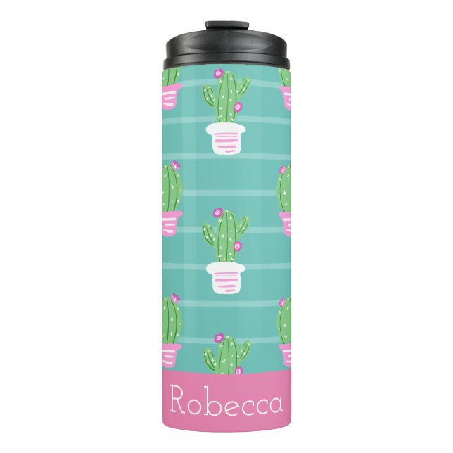 Pretty Pink Flowering Cactus & Stripes | Monogram Thermal Tumbler (Front)