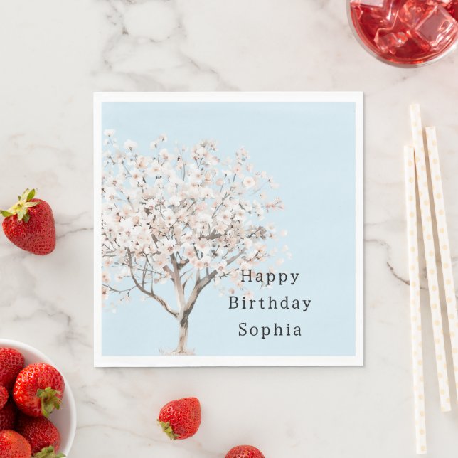 Pretty Pink Flowering Tree Birthday Napkin (Insitu)