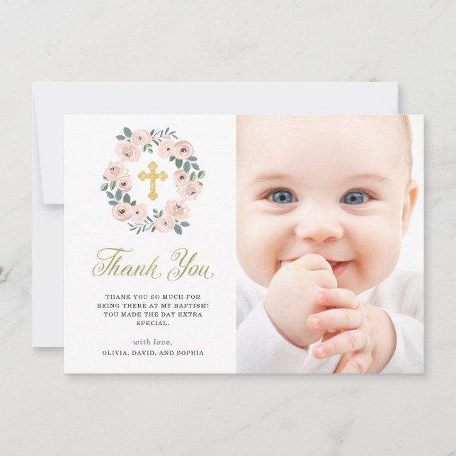 Pretty Pink Flowers and Gold Cross | Baptism Photo Thank You Card (Front)