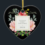 Pretty Pink Flowers Babys First Christmas on Black Ceramic Tree Decoration<br><div class="desc">This beautiful ornament features lovely watercolor style pink peonies and grey and green leaves. A square frame with faux gold foil is in the centre, and you can personalise with your baby's name and any message or year by using the template. (PLEASE NOTE: the gold look is printed on, and...</div>