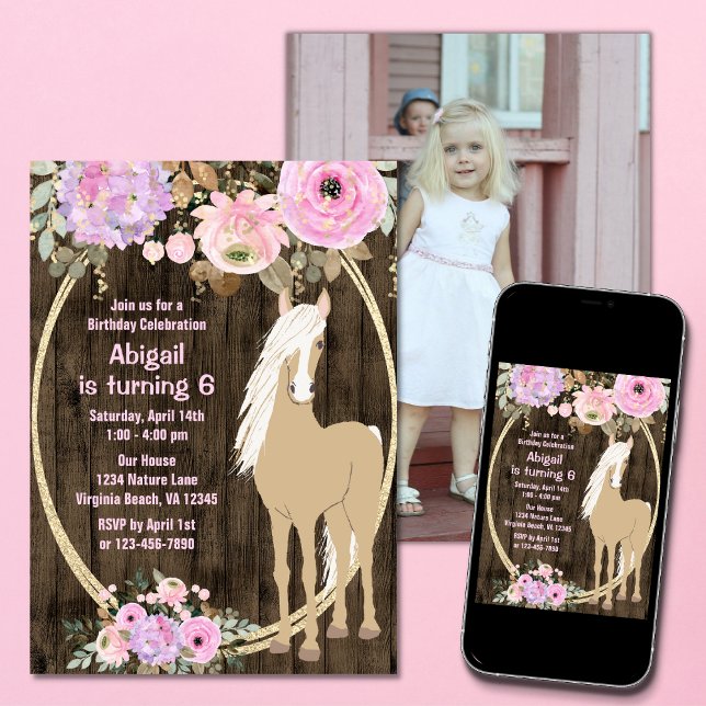 Pretty Pink Flowers Barnwood  Photo Horse Birthday Invitation (Creator Uploaded)