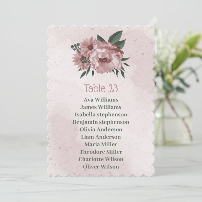 pretty pink flowers botanical seating chart card (Standing Front)